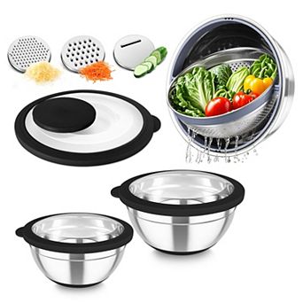 Stainless Steel Mixing Bowl Set with Colander Graters Lids Nesting Dishwasher Safe