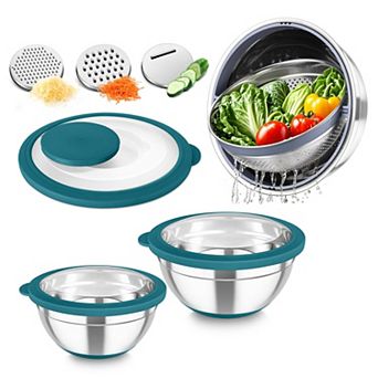 Stainless Steel Mixing Bowl Set with Colander Graters Lids Nesting Dishwasher Safe