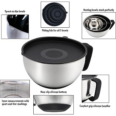 Stainless Steel 3-Piece Mixing Set: Pour Spout, Non-Slip Handle, Nesting, Dishwasher Safe
