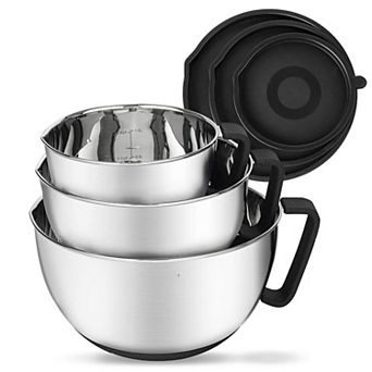 Stainless Steel 3 pc Mixing Set: Pour Spout, Non-Slip Handle, Nesting, Dishwasher Safe