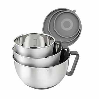 Stainless Steel 3 pc Mixing Set: Pour Spout, Non-Slip Handle, Nesting, Dishwasher Safe