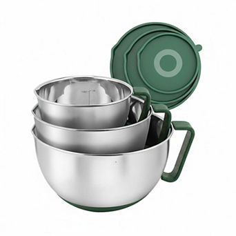 Stainless Steel 3 pc Mixing Set: Pour Spout, Non-Slip Handle, Nesting, Dishwasher Safe