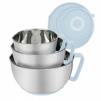 Stainless Steel 3 pc Mixing Set: Pour Spout, Non-Slip Handle, Nesting, Dishwasher Safe