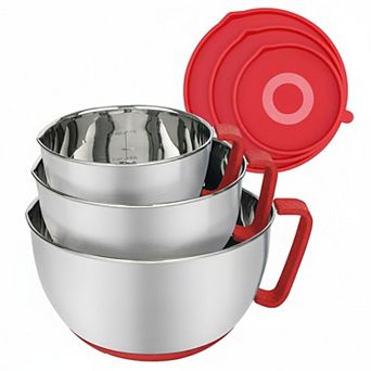 Stainless Steel 3 pc Mixing Set: Pour Spout, Non-Slip Handle, Nesting, Dishwasher Safe