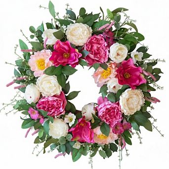 24 Inch Spring Summer Wreath Artificial Silk Peony Rose Magnolia Greenery Front Door Indoor Outdoor