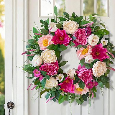 24 Inch Spring Summer Wreath Artificial Silk Peony Rose Magnolia Greenery Front Door Indoor Outdoor