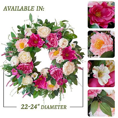 24 Inch Spring Summer Wreath Artificial Silk Peony Rose Magnolia Greenery Front Door Indoor Outdoor