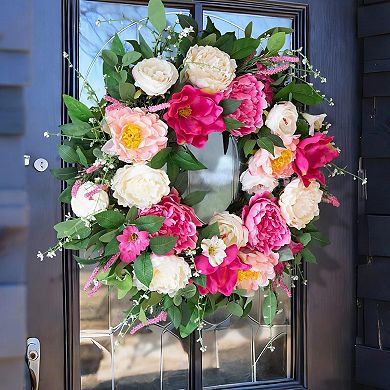 24 Inch Spring Summer Wreath Artificial Silk Peony Rose Magnolia Greenery Front Door Indoor Outdoor
