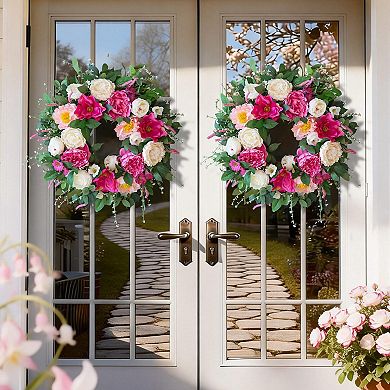 24 Inch Spring Summer Wreath Artificial Silk Peony Rose Magnolia Greenery Front Door Indoor Outdoor