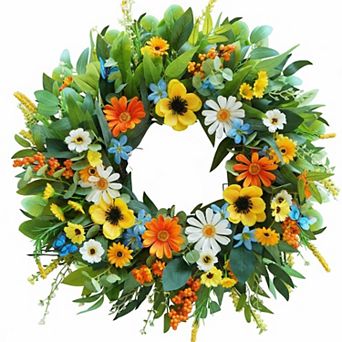 24 Inch Spring Summer Wreath Orange Blue Floral Daisies Butterflies Porch Home Decor
