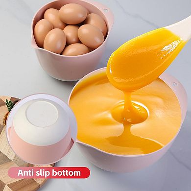 3 Mixing Bowl Set w Lids, Pour Spout, Non-Slip Base Plastic, Nesting, Dishwasher Safe for Cooking