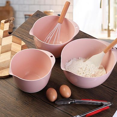 3 Mixing Bowl Set w Lids, Pour Spout, Non-Slip Base Plastic, Nesting, Dishwasher Safe for Cooking