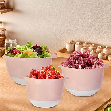 3 Mixing Bowl Set w Lids, Pour Spout, Non-Slip Base Plastic, Nesting, Dishwasher Safe for Cooking