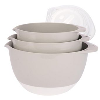 3 Mixing Bowl Set w Lids, Pour Spout, Non-Slip Base Plastic, Nesting, Dishwasher Safe for Cooking
