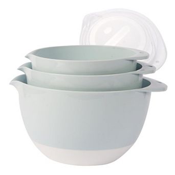 3 Mixing Bowl Set w Lids, Pour Spout, Non-Slip Base Plastic, Nesting, Dishwasher Safe for Cooking