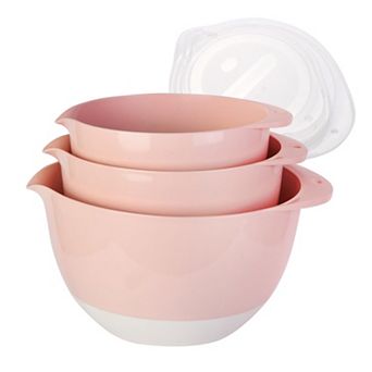 3 Mixing Bowl Set w Lids, Pour Spout, Non-Slip Base Plastic, Nesting, Dishwasher Safe for Cooking