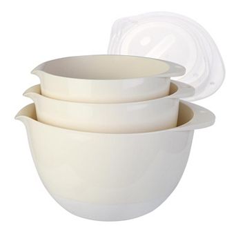 3 Mixing Bowl Set w Lids, Pour Spout, Non-Slip Base Plastic, Nesting, Dishwasher Safe for Cooking