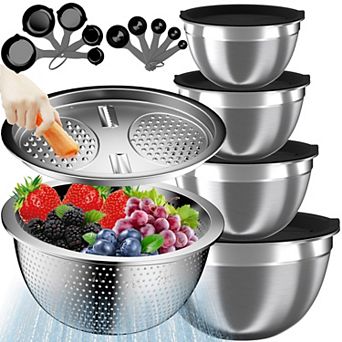 16 pc Stainless Steel Mixing Bowl Set with Lids Colander Grater Measuring Cups Spoons