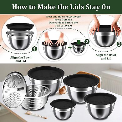 16pcs Stainless Steel Mixing Bowl Set with Lids Colander Grater Measuring Cups Spoons