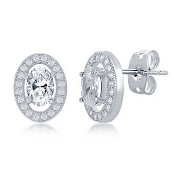 Sienna Vale Silver Tone Oval Cubic Zirconia Halo Stud Earrings
