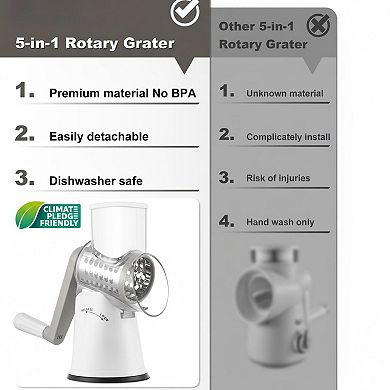 Rotary Cheese Grater Shredder 5 Interchangeable Blades Strong Suction Base Safe Detachable