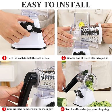 Cheese Graters w/ Handle Manual Shredder Rotary Grater 3 Replaceable Drums for Vegetables Fruit Food