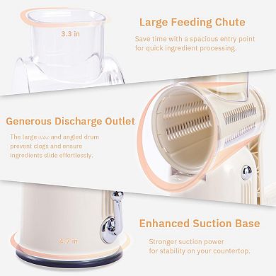 Manual Rotary Cheese Grater 5-in-1 Stainless Shredder Strong Suction Base + Brush & Storage Box
