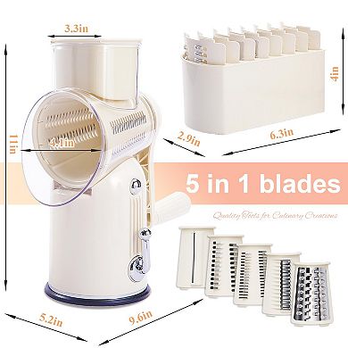 Manual Rotary Cheese Grater 5-in-1 Stainless Shredder Strong Suction Base + Brush & Storage Box