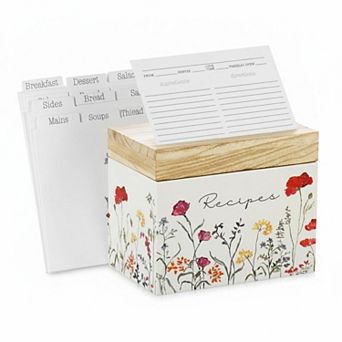 Wooden Recipe Box Wildflower Design 100 4x6 Cards 12 Dividers Builtin Holder Rustic Farmhouse