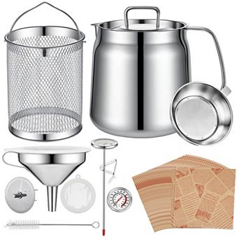 2L Stainless Steel Oil Filter Kit Bacon Grease Saver w/Thermometer Frying Basket 50 Wax Papers