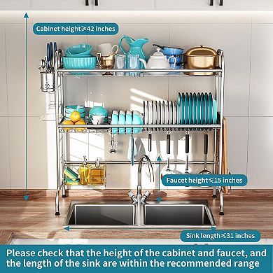 Stainless Steel Over Sink Dish Drying Rack Large 2-Tier with Utensil Holder Kitchen Counter