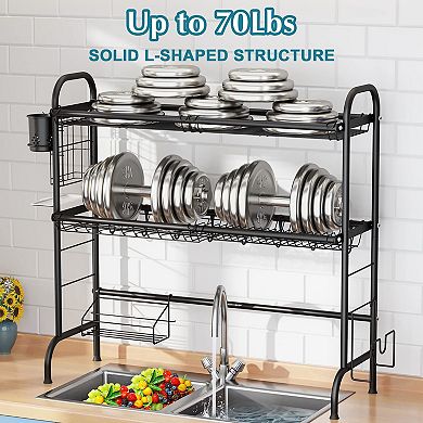 Stainless Steel Over Sink Dish Drying Rack Large 2-Tier with Utensil Holder Kitchen Counter