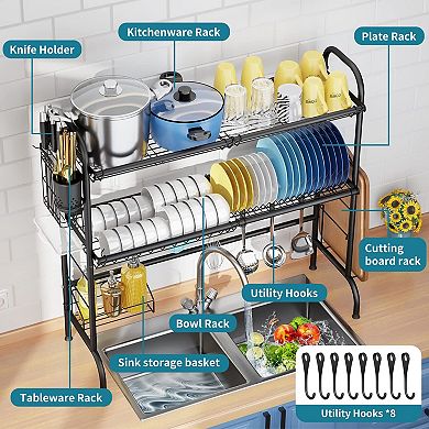 Stainless Steel Over Sink Dish Drying Rack Large 2-Tier with Utensil Holder Kitchen Counter