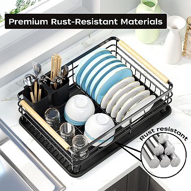 Small Dish Drying Rack Kitchen Counter Wooden Handles Thickened Metal Rust Resistant Removable