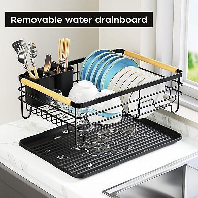 Small Dish Drying Rack Kitchen Counter Wooden Handles Thickened Metal Rust Resistant Removable
