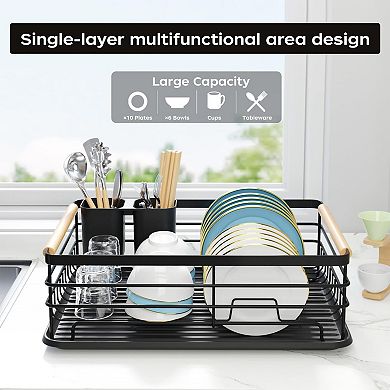 Small Dish Drying Rack Kitchen Counter Wooden Handles Thickened Metal Rust Resistant Removable