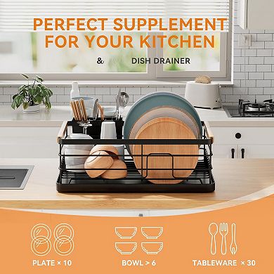 Stainless Steel Dish Drying Rack with Removable Cutlery Holder Drain Tray Wooden Handle