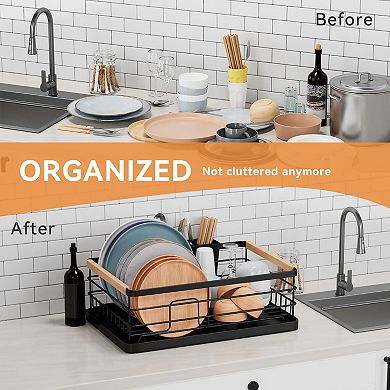 Stainless Steel Dish Drying Rack with Removable Cutlery Holder Drain Tray Wooden Handle