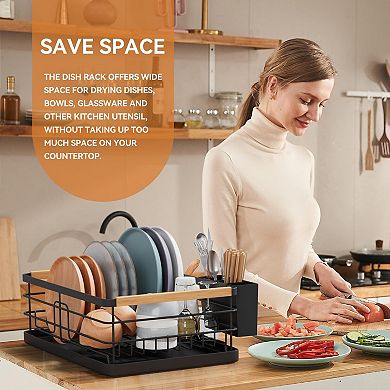 Stainless Steel Dish Drying Rack with Removable Cutlery Holder Drain Tray Wooden Handle