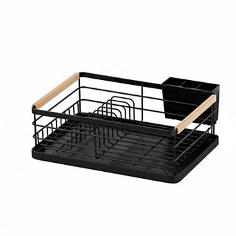Stainless Steel Dish Drying Rack with Removable Cutlery Holder Drain Tray Wooden Handle
