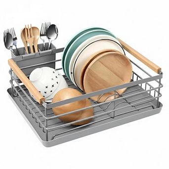 Stainless Steel Dish Drying Rack with Removable Cutlery Holder Drain Tray Wooden Handle