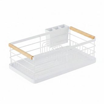 Stainless Steel Dish Drying Rack with Removable Cutlery Holder Drain Tray Wooden Handle