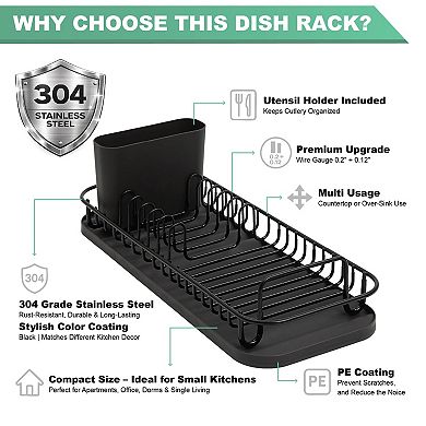 304 Stainless Steel Dish Drying Rack w/ Utensil Holder Removable Drain Tray Rustproof Countertop