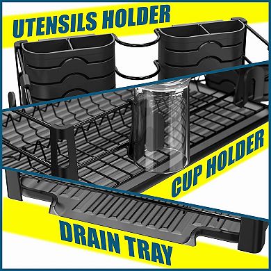 Dish Drying Rack Set with Drainboard Utensil Holders Mug Hooks Metal Kitchen Counter Organizer