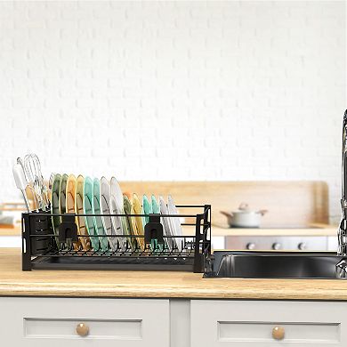 Dish Drying Rack Set with Drainboard Utensil Holders Mug Hooks Metal Kitchen Counter Organizer