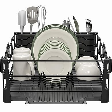 Dish Drying Rack Set with Drainboard Utensil Holders Mug Hooks Metal Kitchen Counter Organizer