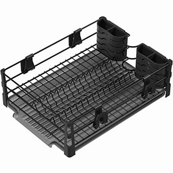 Dish Drying Rack Set with Drainboard Utensil Holders Mug Hooks Metal Kitchen Counter Organizer