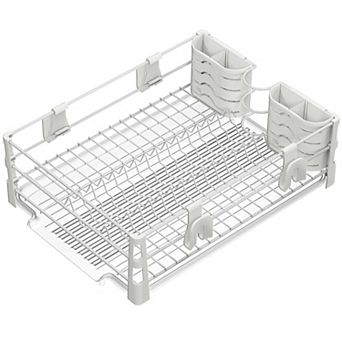 Dish Drying Rack Set with Drainboard Utensil Holders Mug Hooks Metal Kitchen Counter Organizer