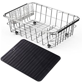 Stainless Steel Expandable Dish Drying Rack Over Sink with Utensil Holder Silicone Mat