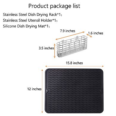 Stainless Steel Expandable Dish Drying Rack Over Sink with Utensil Holder Silicone Mat